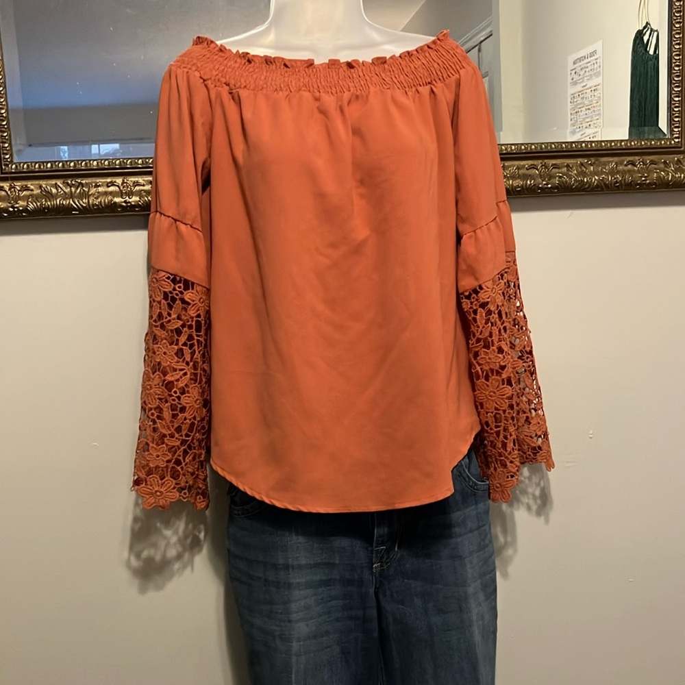 Orange Lace Sleeve Women's Top